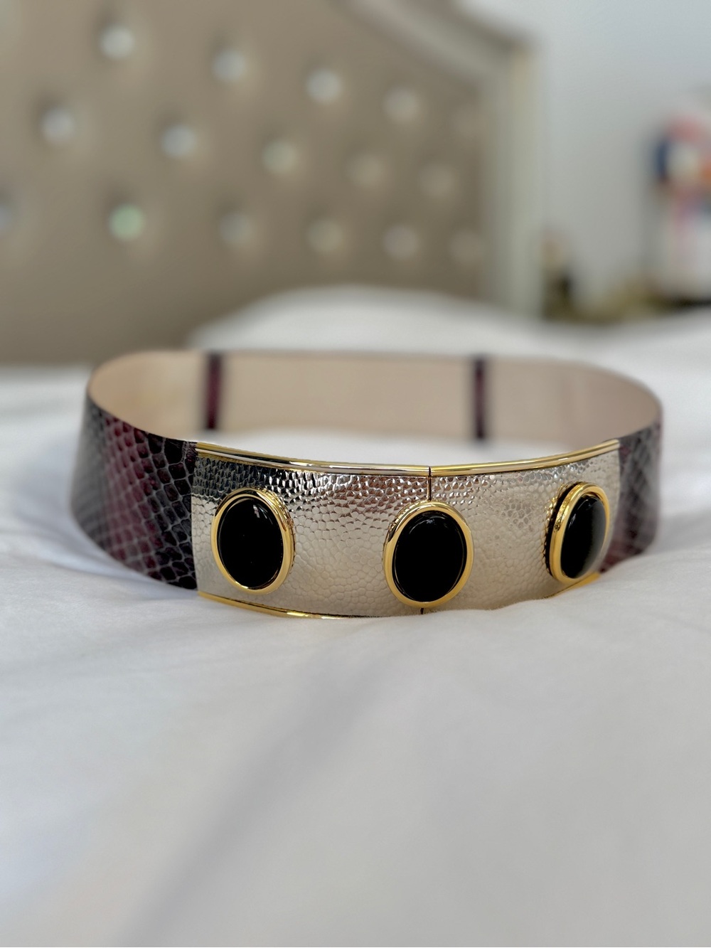 RARE Judith Leiber Purple Exotic Skin Sculptural  belt with black cabochon